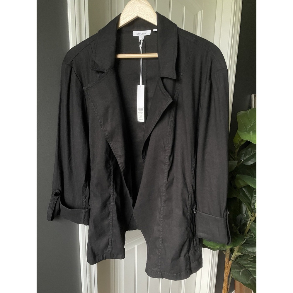 Chico's Black Stretch Linen Blazer Roll-Tab Sleeve Zipper Pockets 2.5 US 14 NWT
